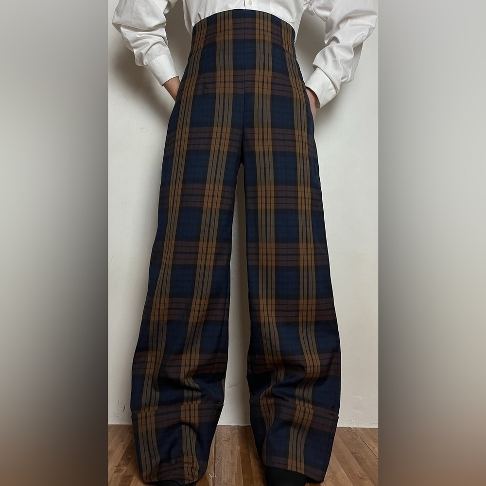 Zara Plaid  High Waist Pants  - Brown and Navy